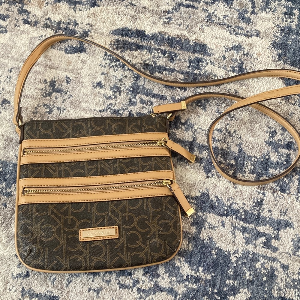 Calvin Klein Monogram Crossbody Bag in Brown and Tan